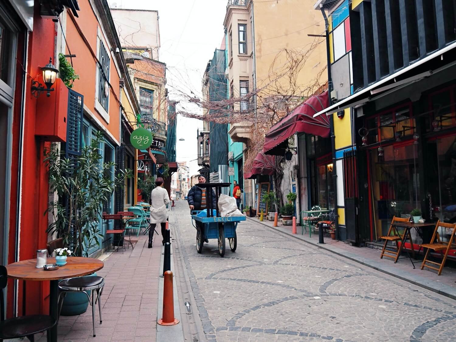 A street of cafes in Balat during winter in Istanbul