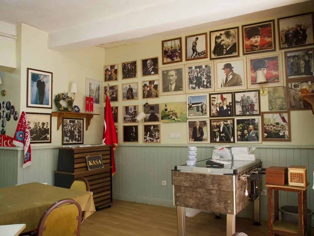 Photographs of Mustafa Kemal Ataturk (the founding father of modern Turkey) decorate the inside of a local tea house in Kanlica