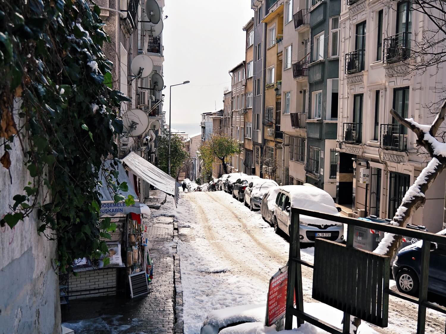A snowy street in Istanbul in February during winter