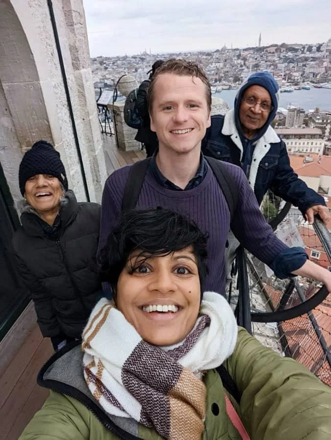 Family selfie at the top of the Galata Tower in Istanbul