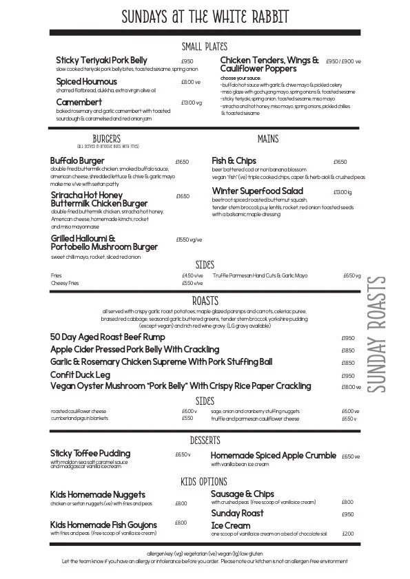 Food Menus at the White Rabbit Pub in Brighton’s North Laine — White Rabbit