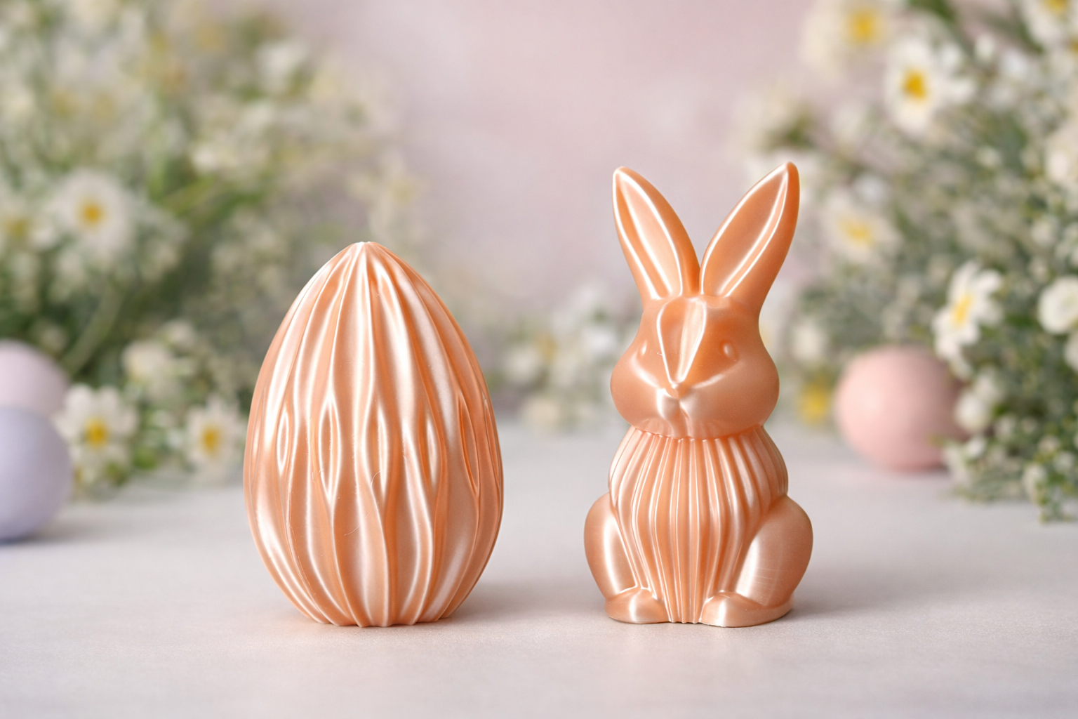 Osterdekoration, ein 3d-gedrucktes, gerilltes Ei und ein 3d-gedruckter gerillter Hase, beides champagnerfarben.