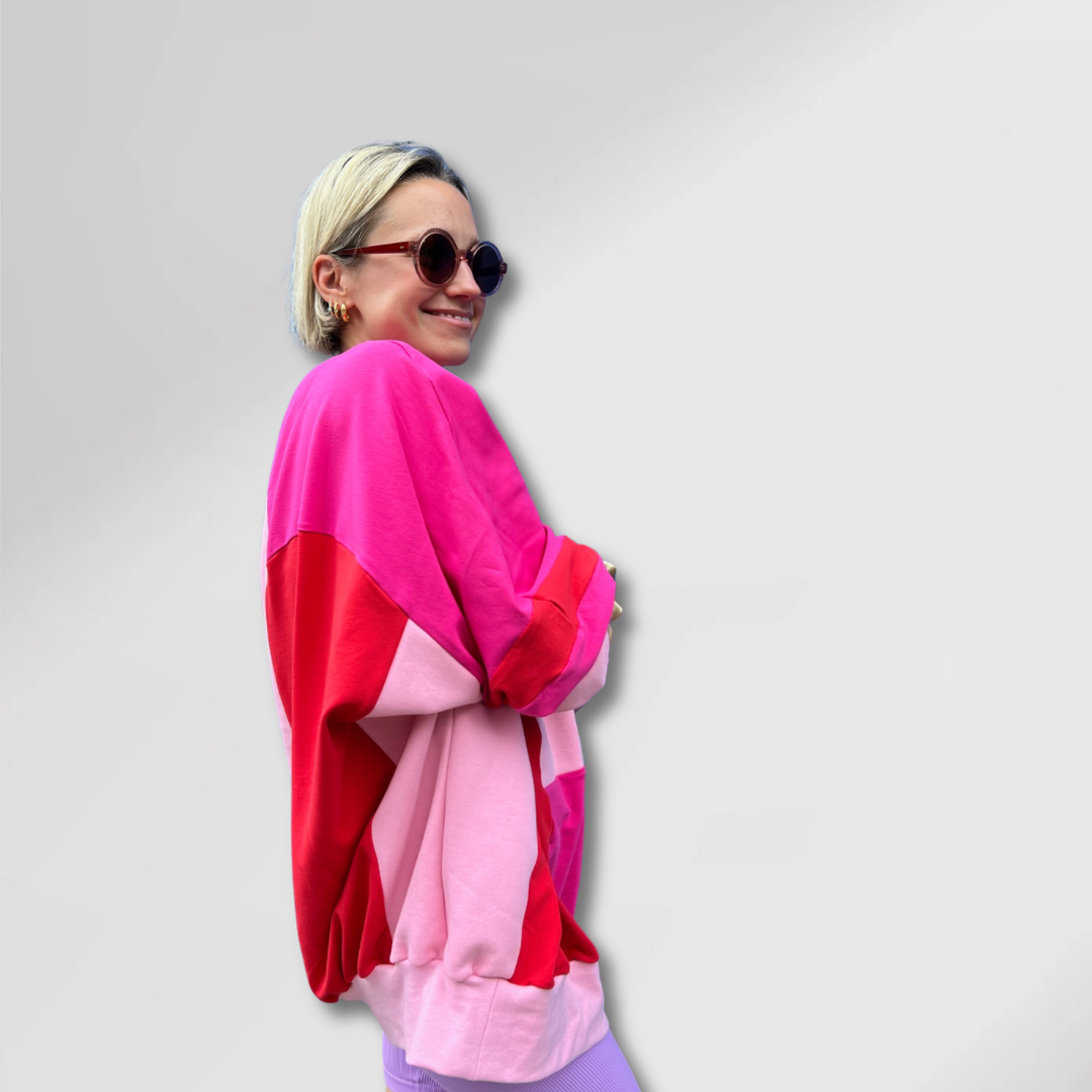 “BLOK” Modern Geometric Patchwork Sweatshirt in Pinks + Red