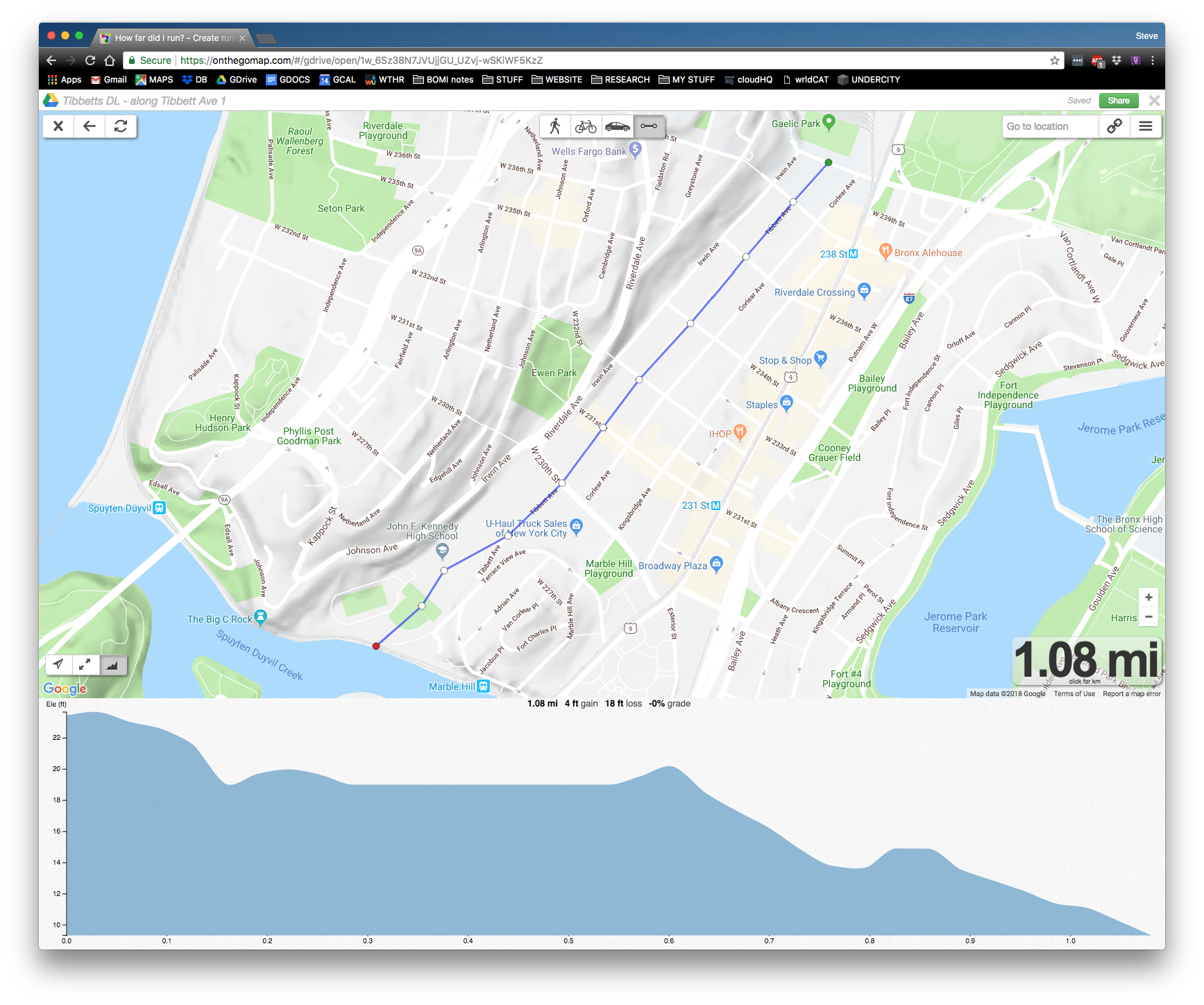 Screenshot of a map of a potential route for the daylighting of Tibbetts Brook, with elevation profile shown. Elevation profile is of course an important- even the most important- aspect of creating a workable above-ground stream, because water always likes to flow downhill.