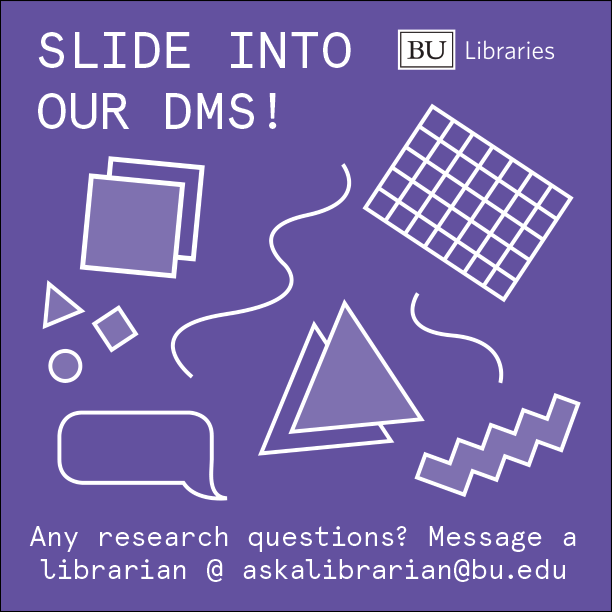 A 90’s internet inspired instagram gif reminding students to reach out to librarians for help.