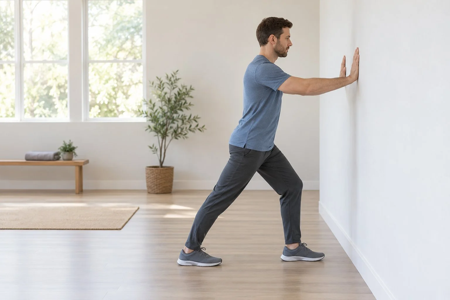 Adult performing a standing calf stretch against a wall with the back heel on the floor.