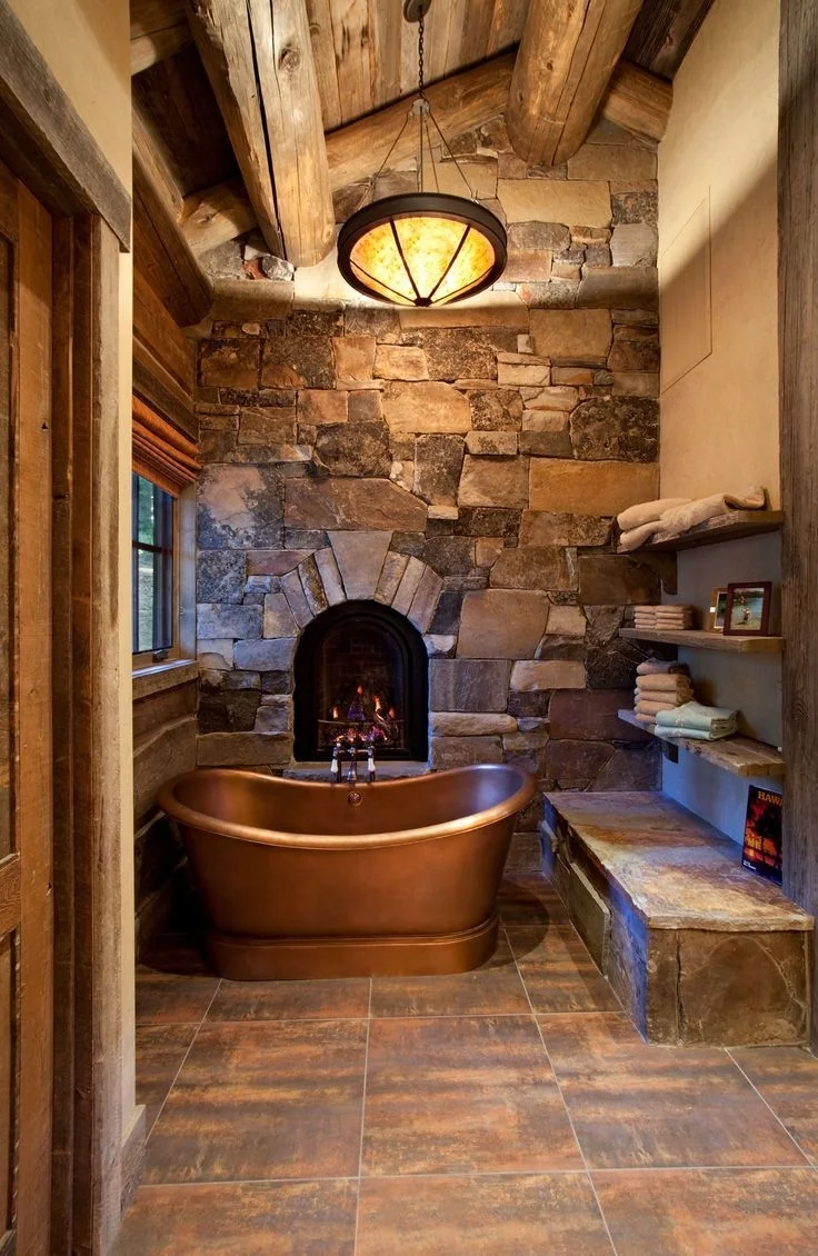 optional Copper tub, rock Moss wall, & Fire place,