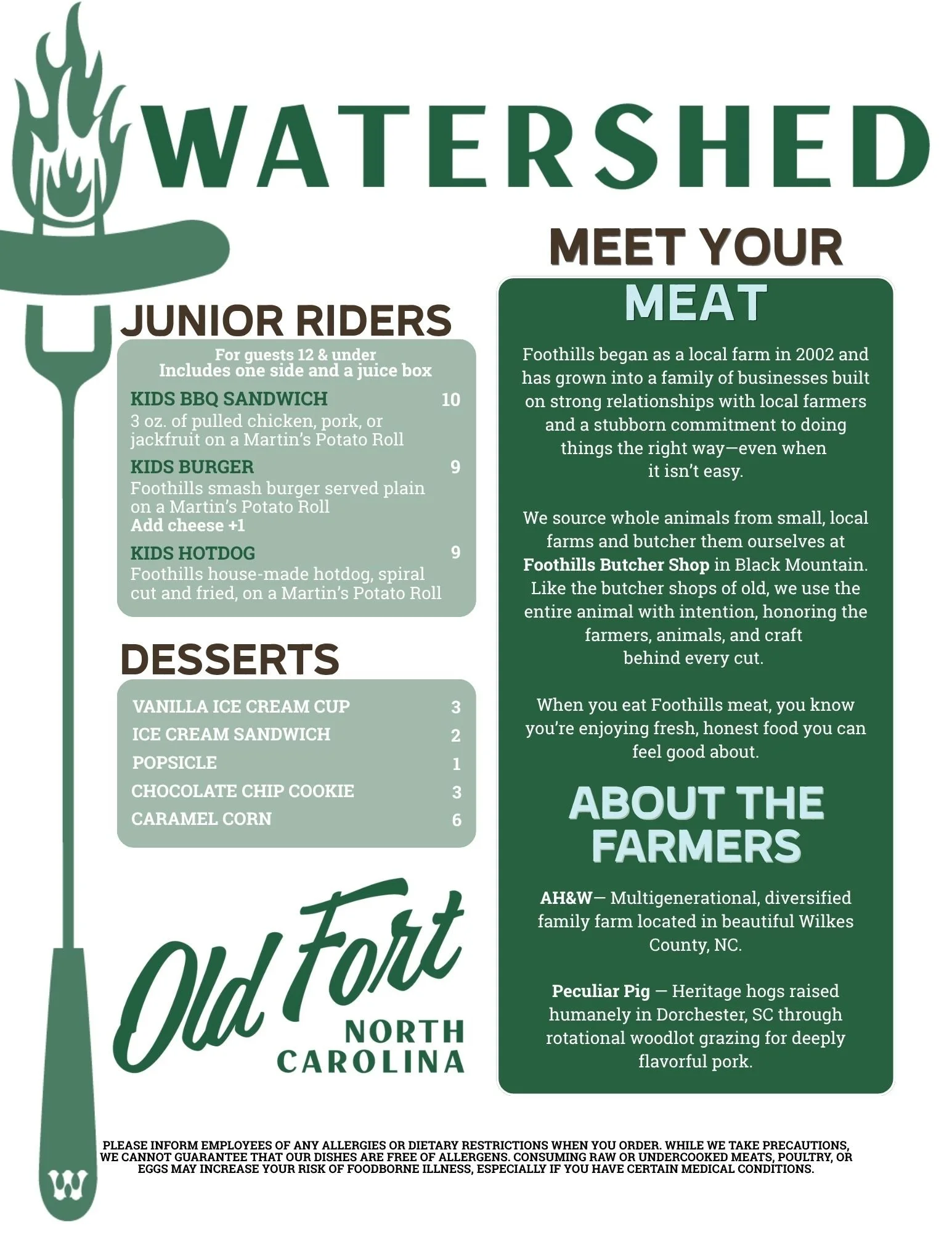 Kids menu includes bbq sandwich, smash burger, and hotdog with a side and juice box. Dessert menu includes ice cream, popsicles, cookies, and caramel corn. Learn about the foothills family of busiensses and the farmers we work with at our butchery.