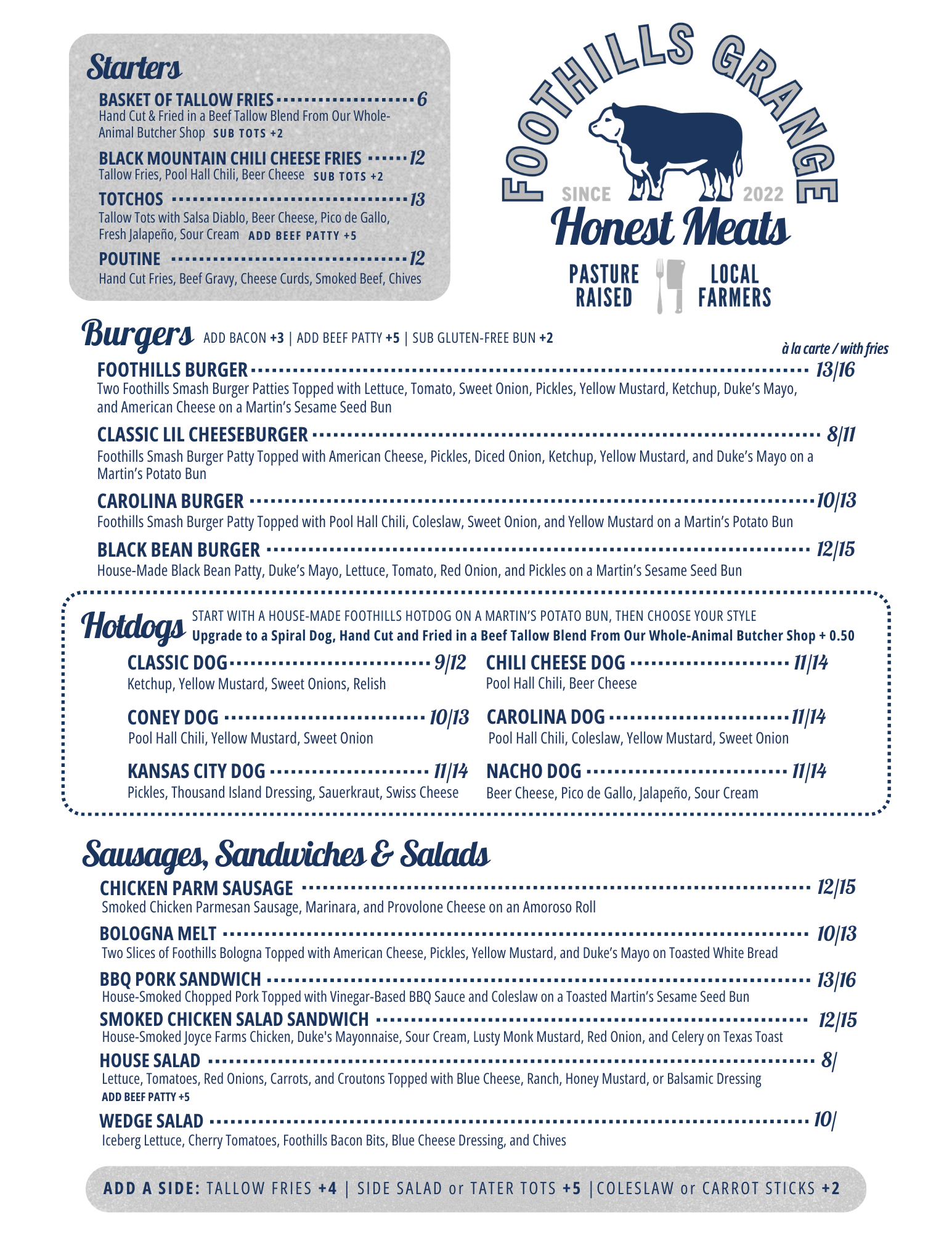 Menu featuring tallow fries and tots, chili cheese fries, poutine, smash burgers, carolina burger and carolina hot dog, bbq pork sandwich, chicken salad, black mean burger, chicken parm sausage, bologna melt, and salads. local, pasture-raised meats