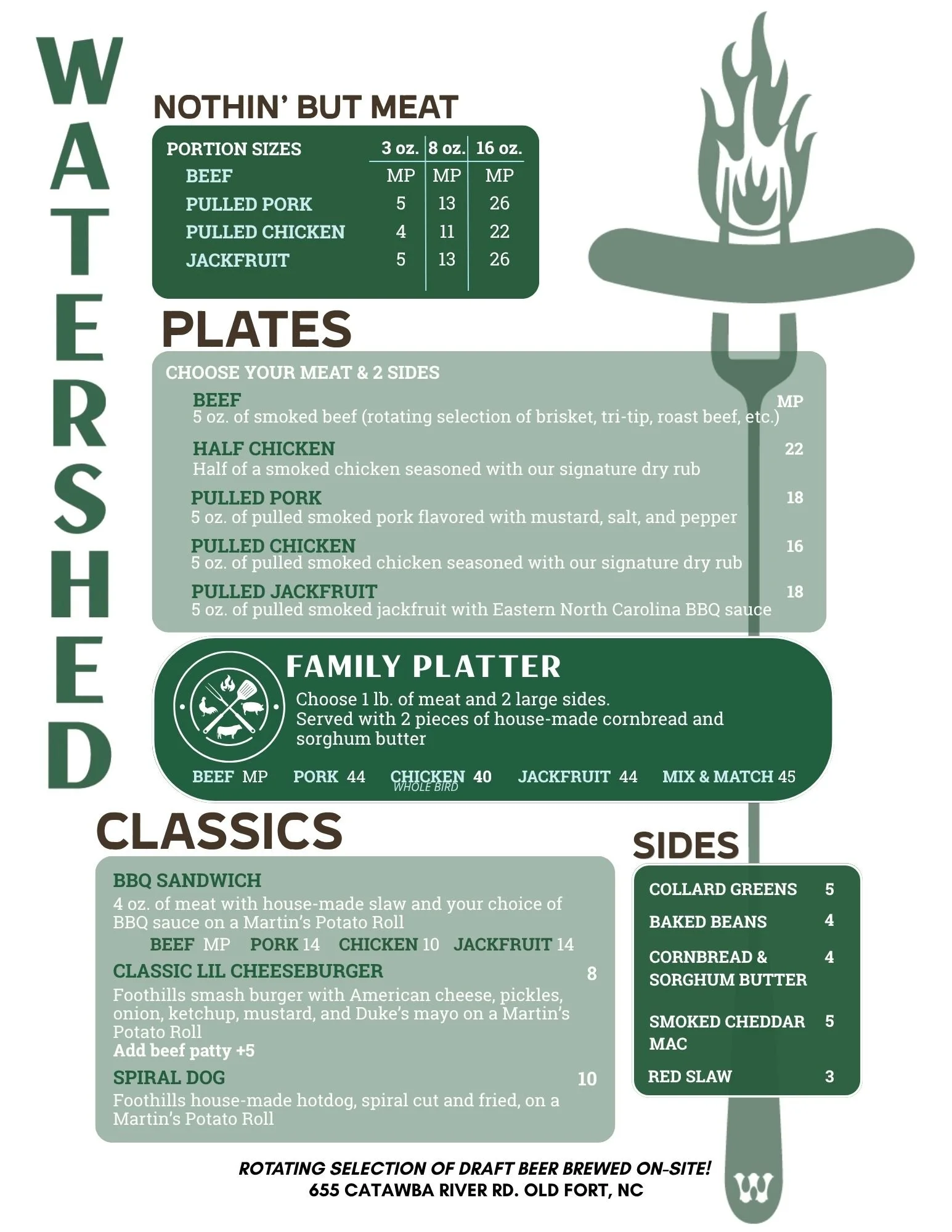 Watershed's lunch and dinner menu featuring classic foothills smash burgers and hot dogs, a range of house-smoked, local BBQ, classic sides like collard greens, mac and cheese, and slaw, and vegetarian options like bbq jackfruit plate and sandwich