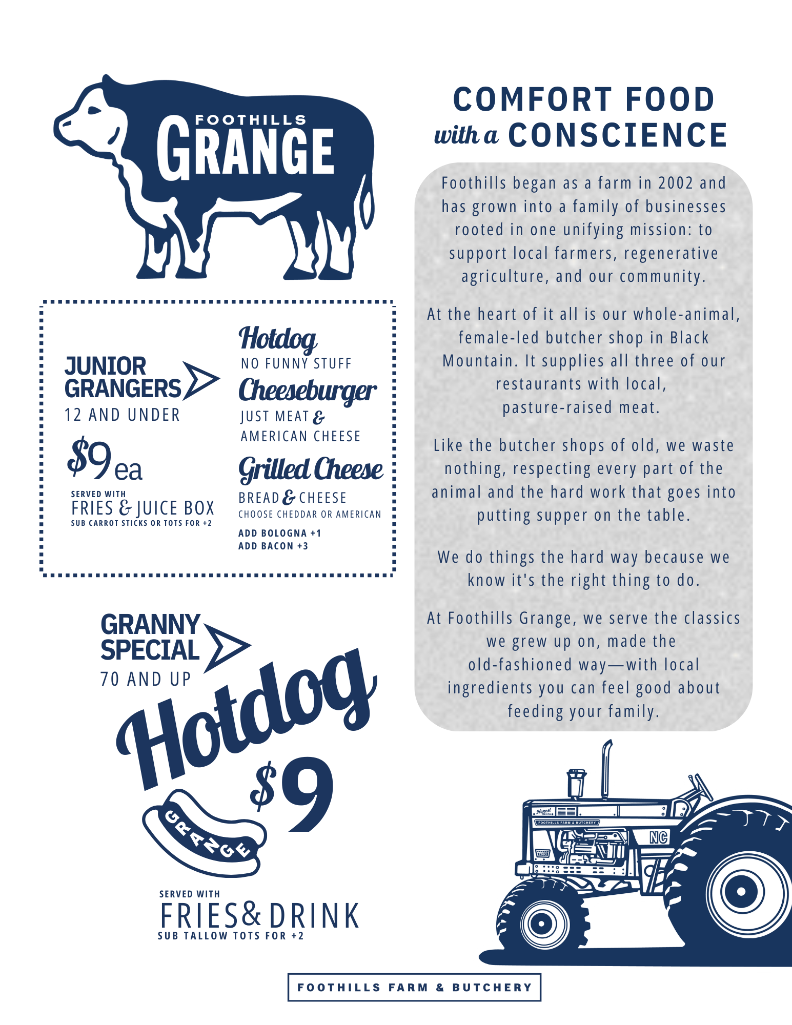 Second page of the food menu at Foothills Grange in Black Mountain, NC, including the kids menu, senior special, and the story of how Foothills Grange supplies all meat from Foothills Butcher Shop in Black Mountain, a whole-animal, women led butchery