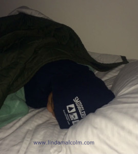 Liam sleeping in Smuggs gear