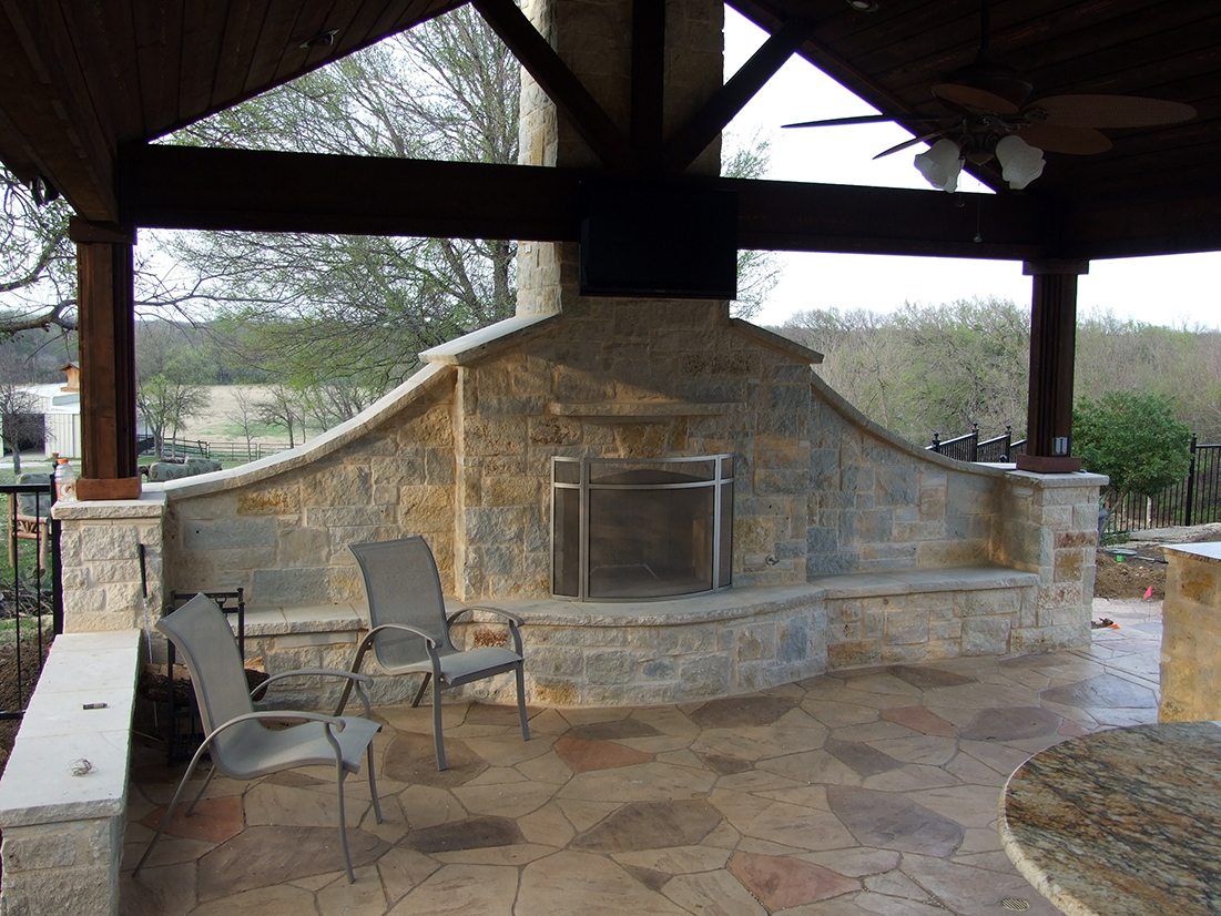 Bmr pool and patio stone white fireplace outdoor.jpg