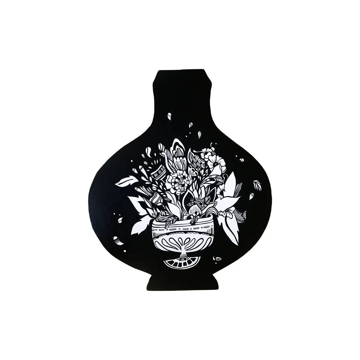 Front view of round vase-shaped woodcut with acrylic-painted black background and white flowers