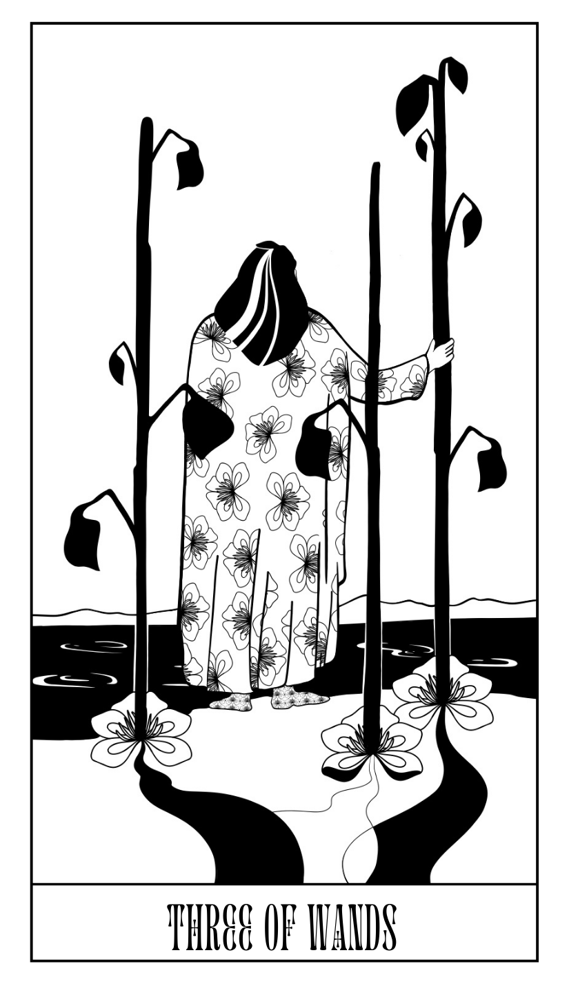   Three Of Wands Tarot Card,  2.75 X 4.75 inches,  Digital Drawing.  