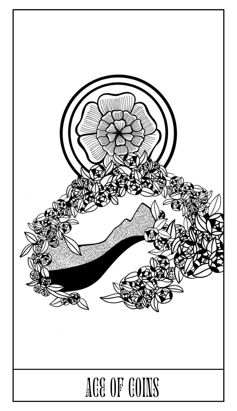   Ace Of Coins Tarot Card,  2.75 X 4.75 inches,  Digital Drawing.  