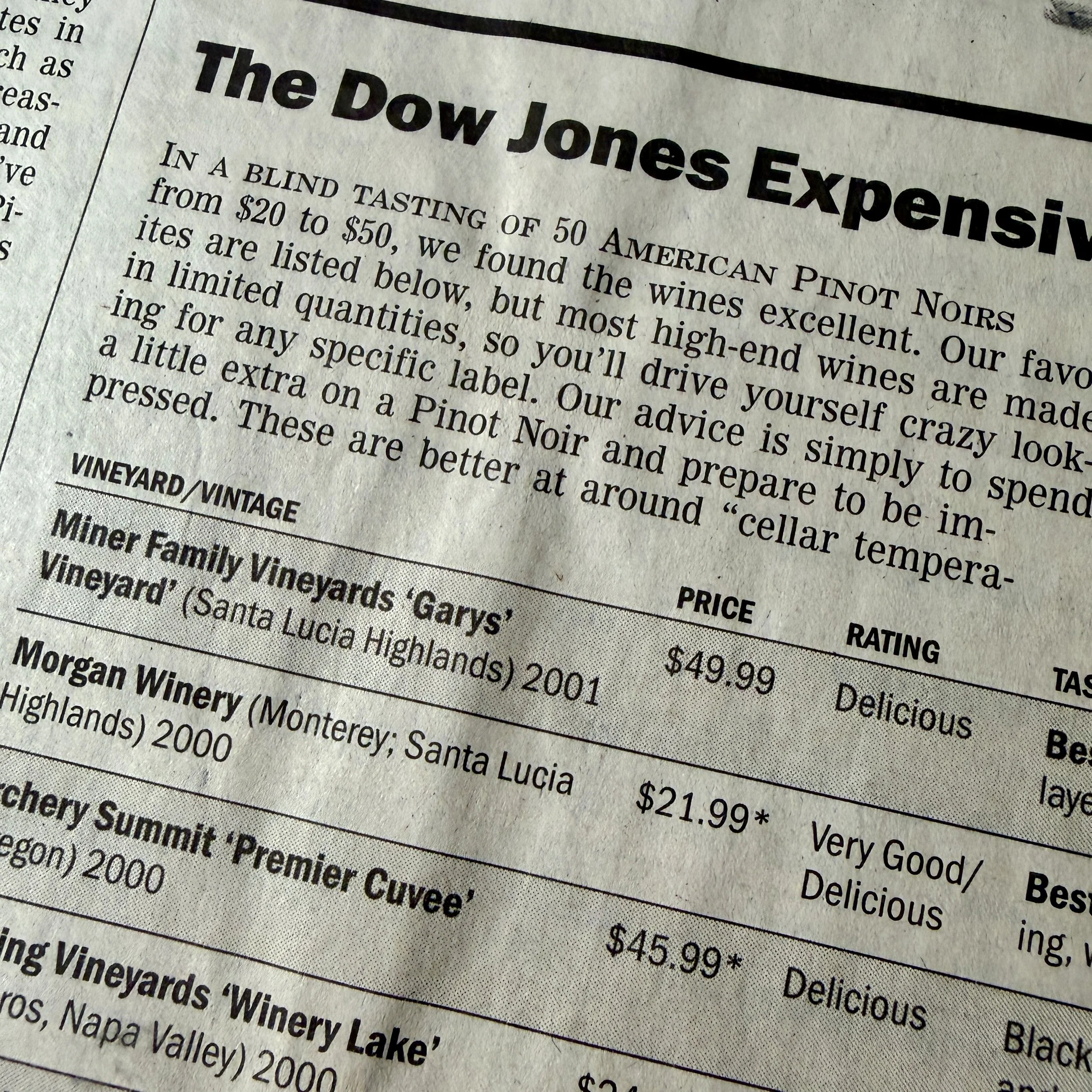 newspaper column reviewing wines from the Santa Lucia Highlands