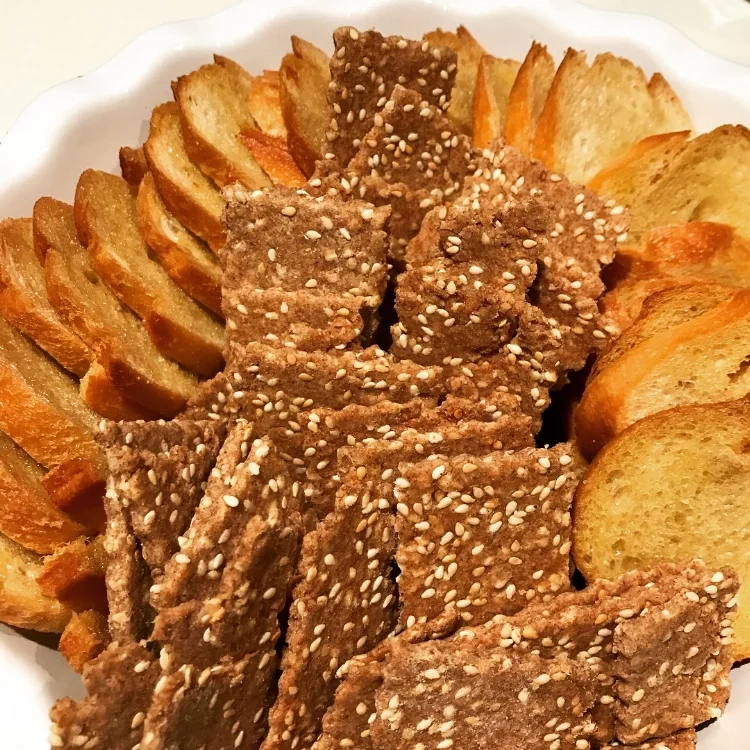Tapenade, Eggplant-Tahini Spread, Whole Grain Crackers, and Baguette Toasts
