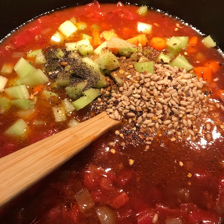 then the veggies and the flavor boosts, plus the barley! simmer it up!