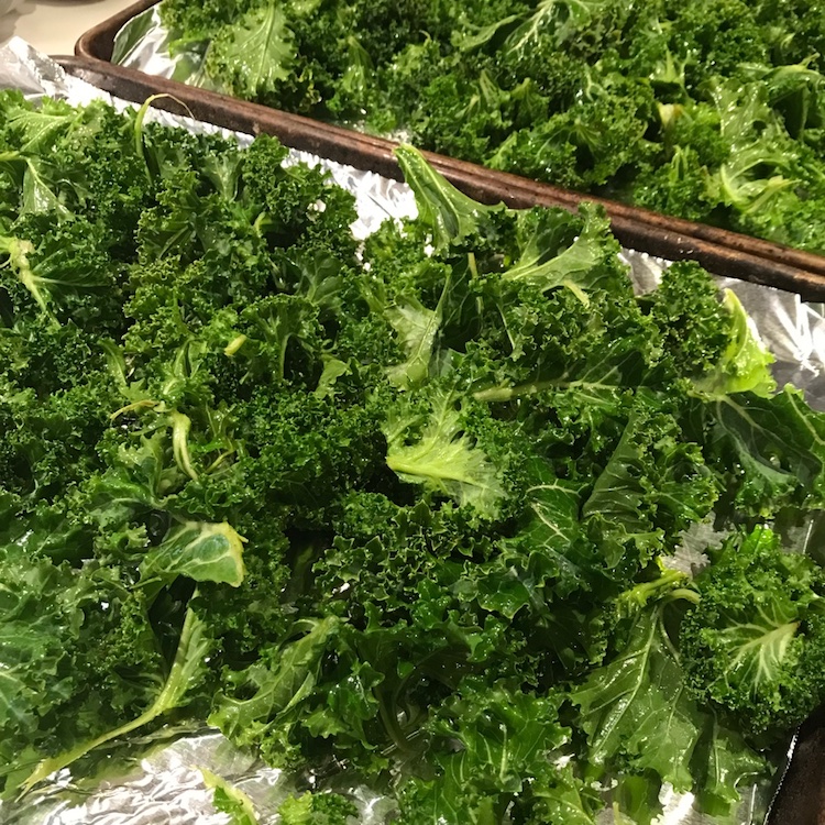 huge mess o' kale tossed thoroughly with olive oil, salt, and smoked paprika