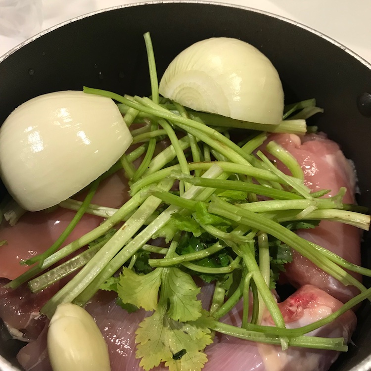 court bouillon! (onion, garlic, cilantro stems)