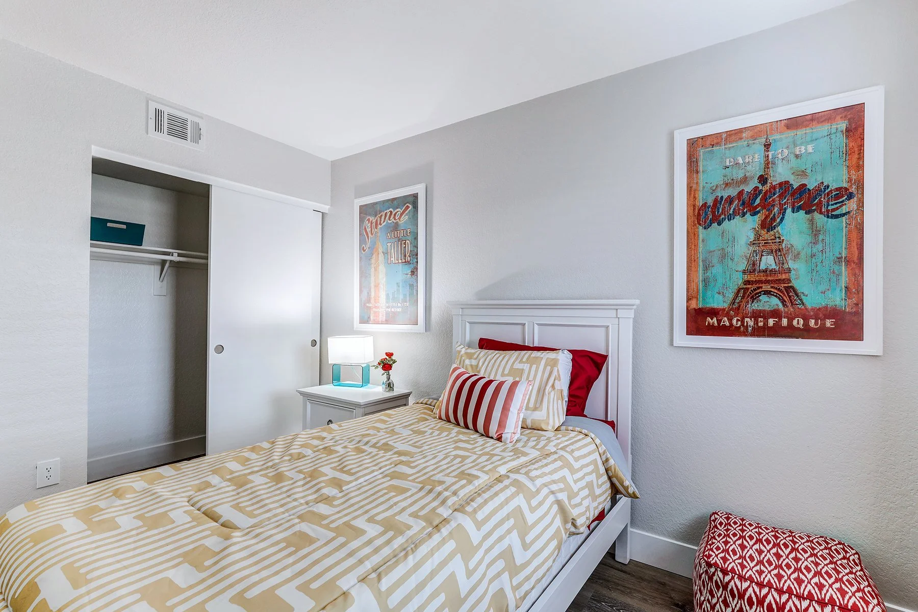 A two-bedroom model unit at Villagio, this image shows bedroom two. 