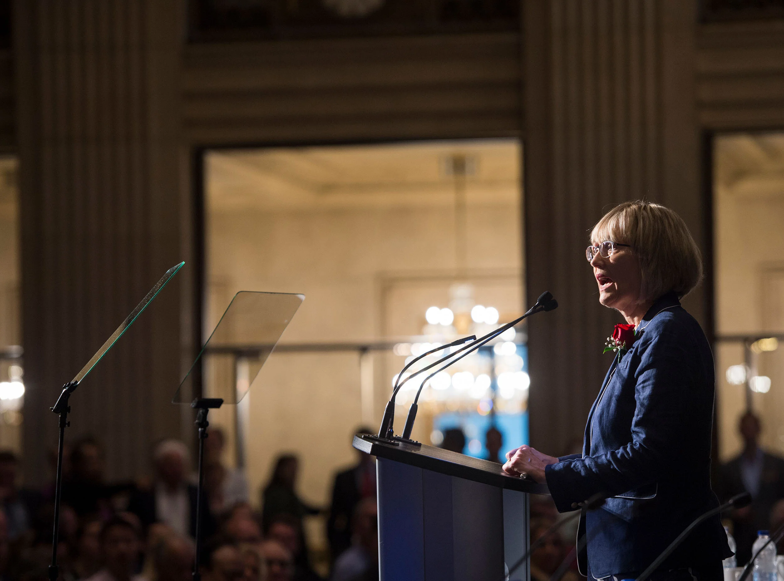  Brenda J. Eprile, chair of the board for Home Capital Group Inc. speaks at the podium during the annual general meeting of Home Capital Group Inc. held in the Grand Banking Hall at One King West in Toronto, Ontario, Canada. 