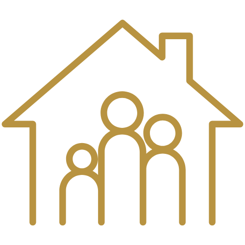 An outline icon of a 3 person family standing in front of an outline of a house. 2D website icon format.