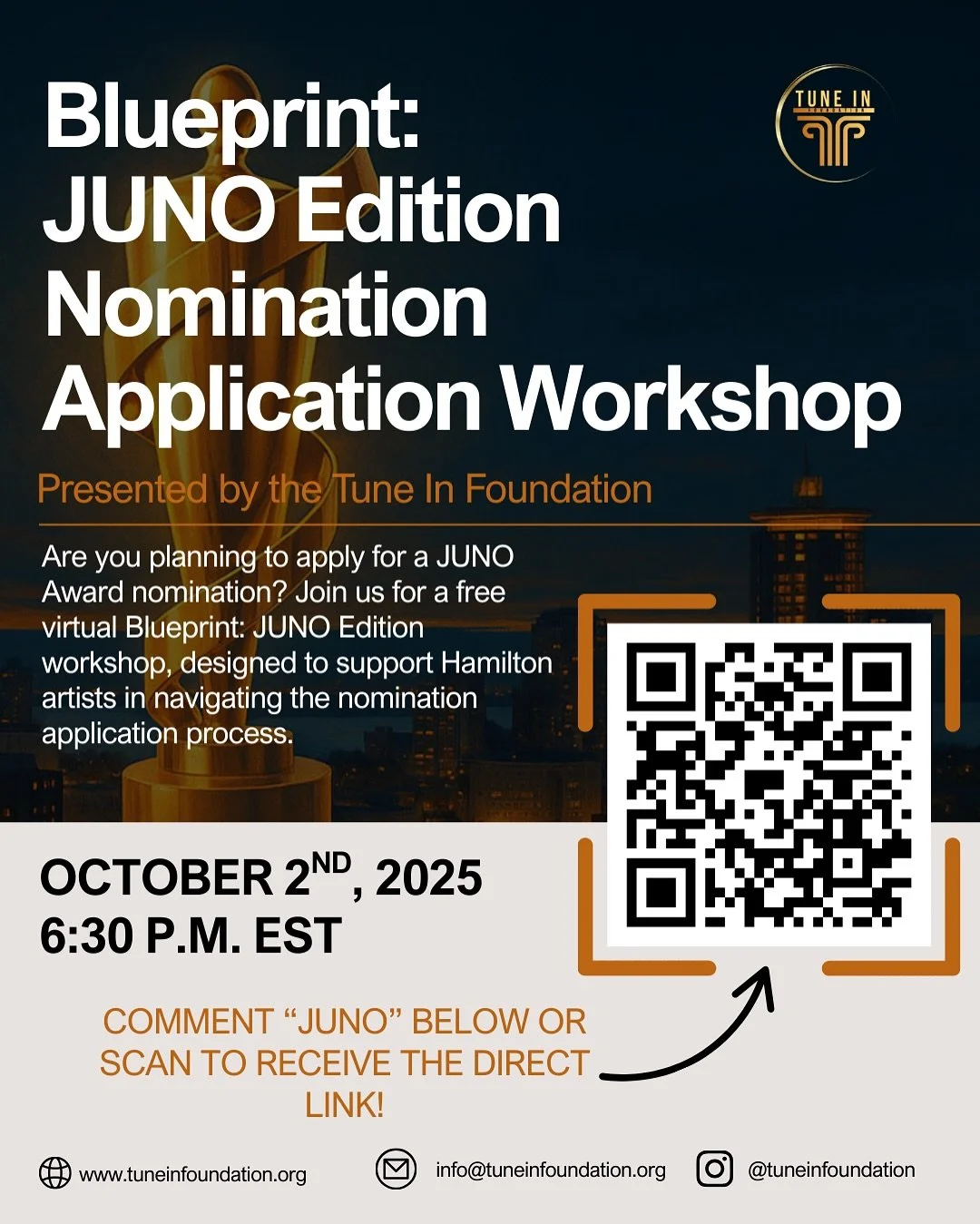 🚨 Calling all Hamilton artists! 🚨

Thinking about submitting for a JUNO Award nomination? 🎶✨

Join us for a FREE virtual workshop:
Blueprint: JUNO Edition &ndash; Nomination Application Workshop
📅 Thursday, October 2, 2025
🕡 6:30 PM EST
💻 Onlin