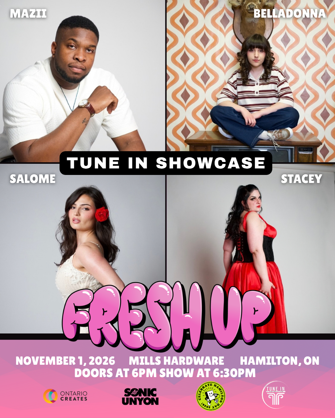Tune In Foundation Blueprint Showcase at Fresh Up on November 1, 2026, featuring Mazii, Belladonna, Salomé and Stacey at Mills Hardware