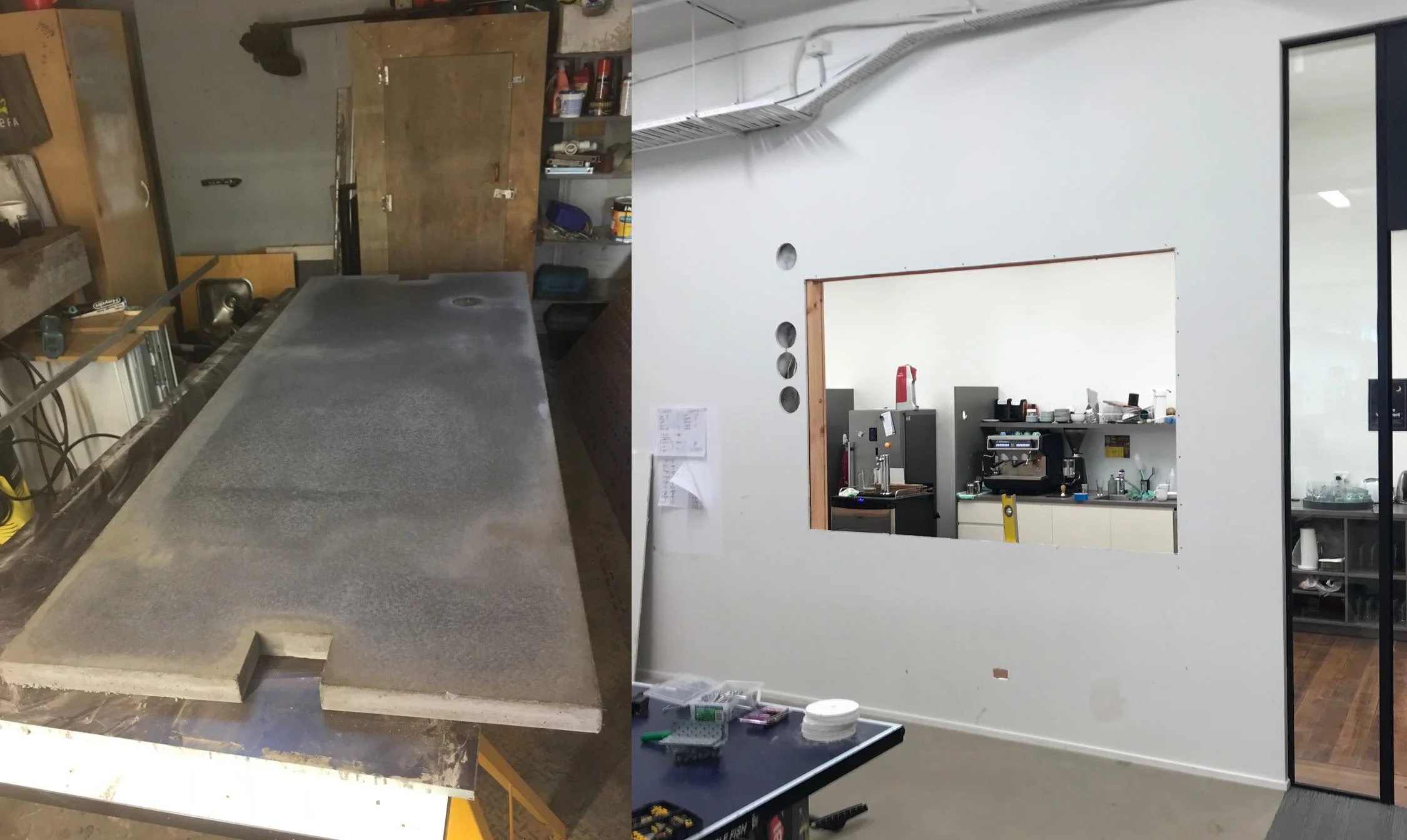 On the left: you see our concrete slab getting polished. On the right: a large hole.