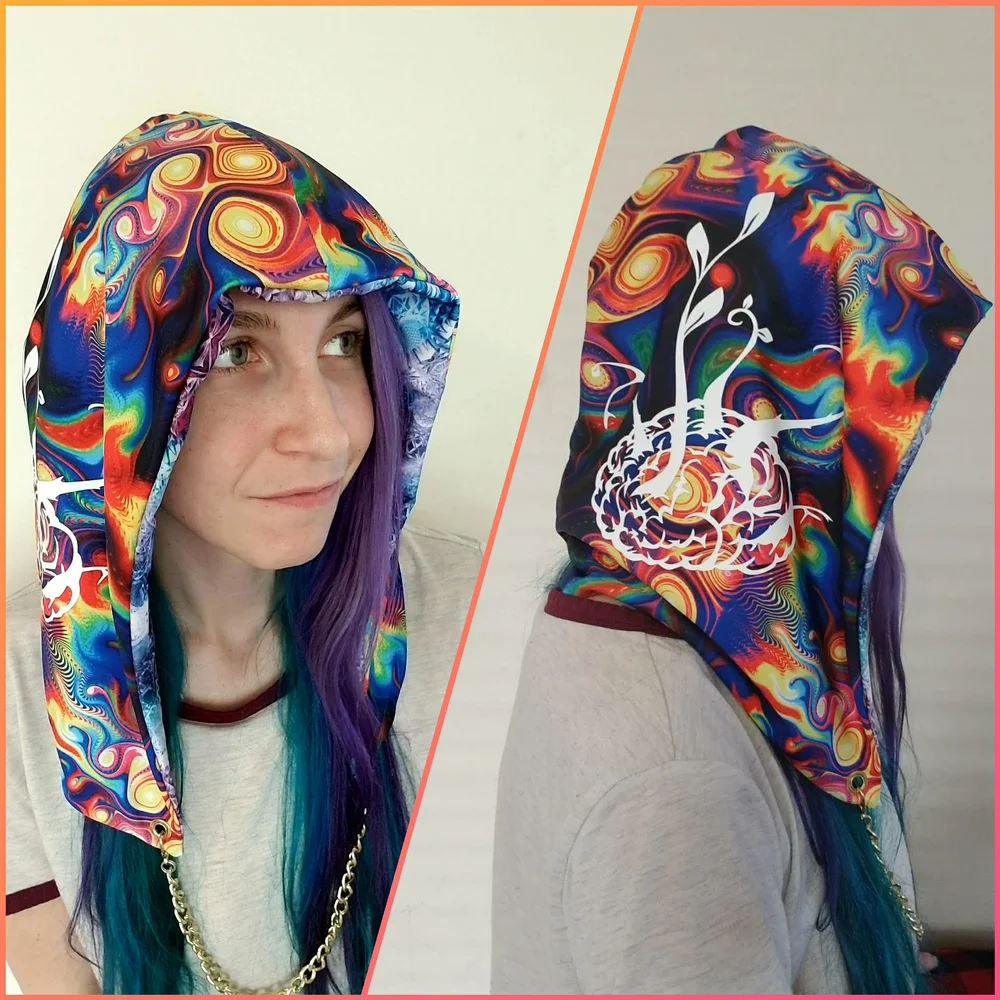 Colorful festival hood with chain festival hood with chain, one of a kind hood, hippie hood  main image 3
