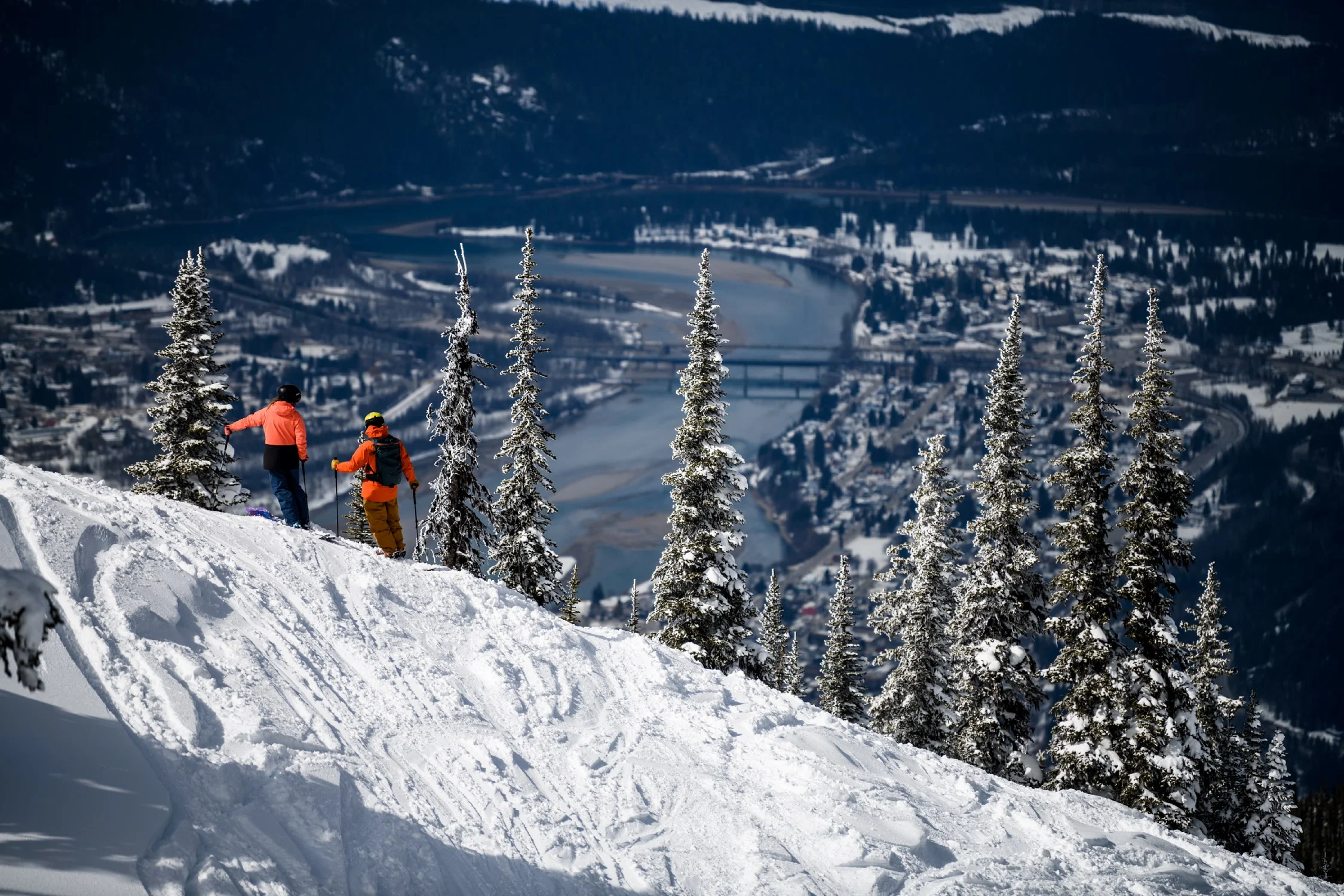 The City of Revelstoke lies along the banks of the mighty Columbia River, surrounded by truly big mountains. Also handy: Revelstoke holds the reported record for the Canadian location with single greatest amount of snowfall in any single winter (about 80 feet or 24 meters, in the winter of 1971-1972). Andrew Strain | Courtesy Destination BC