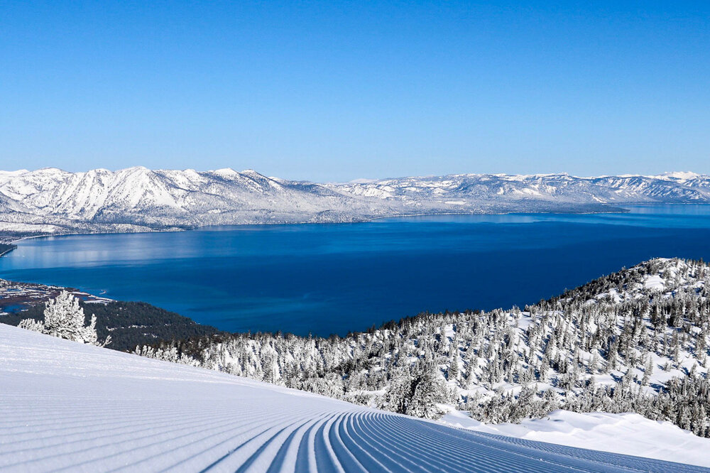  Freshly groomed boulevards deliver big views of Lake Tahoe at Heavenly Resort.  Courtesy Vail Resorts  