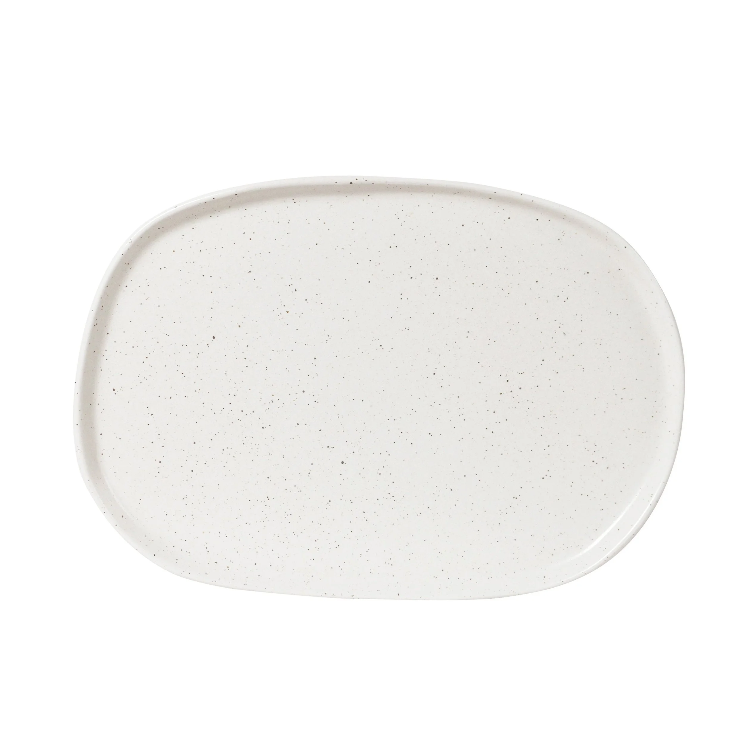 Image depicts oblong platter white with black speckle on a white background. The oblong platter is 47.5cm by 30cm in size.