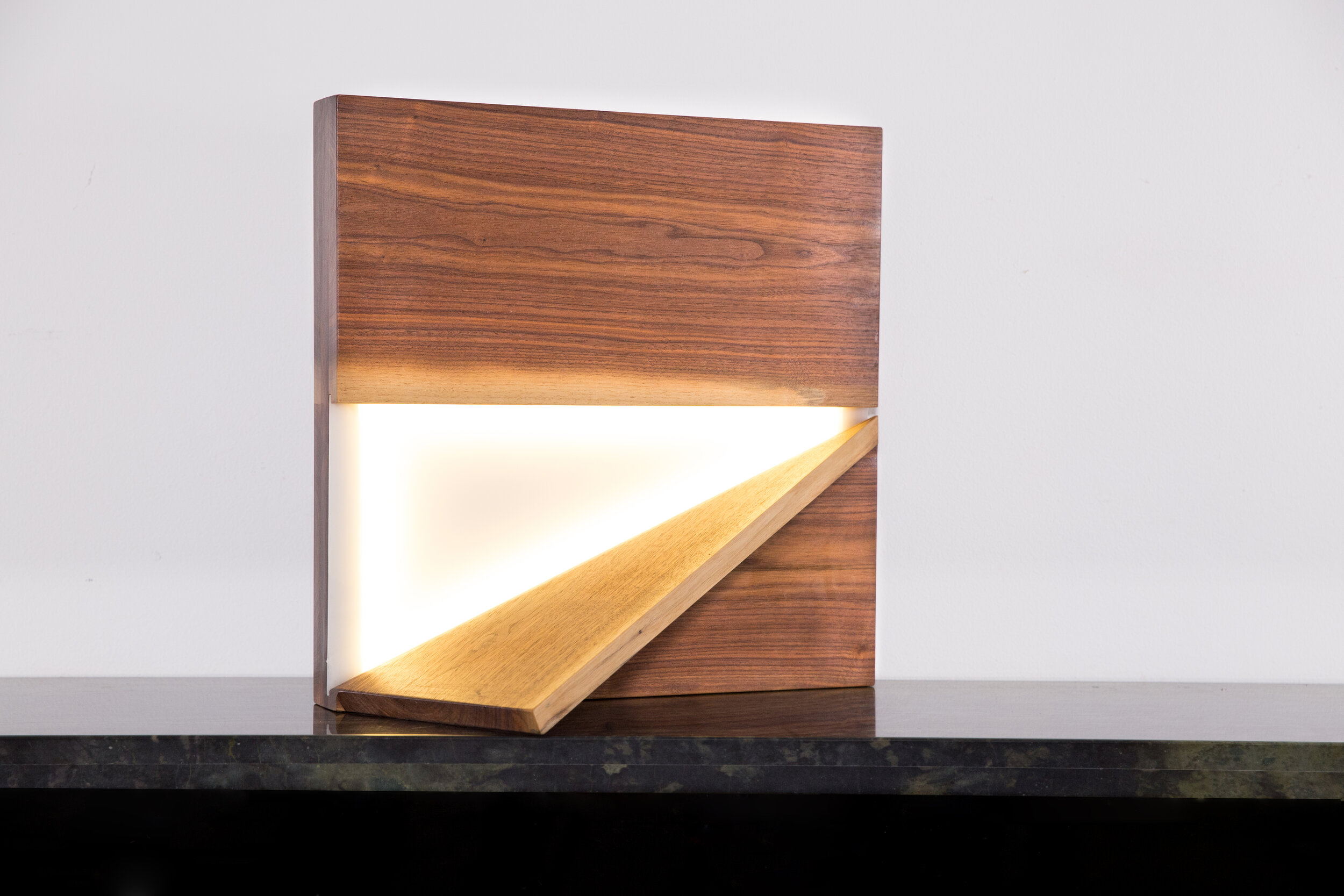    Walnut, Acrylic, Low Voltage LED  17.5” x 17.5” x 9.5” 