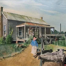 Bud Harris Woman Fetching Water, Watercolor