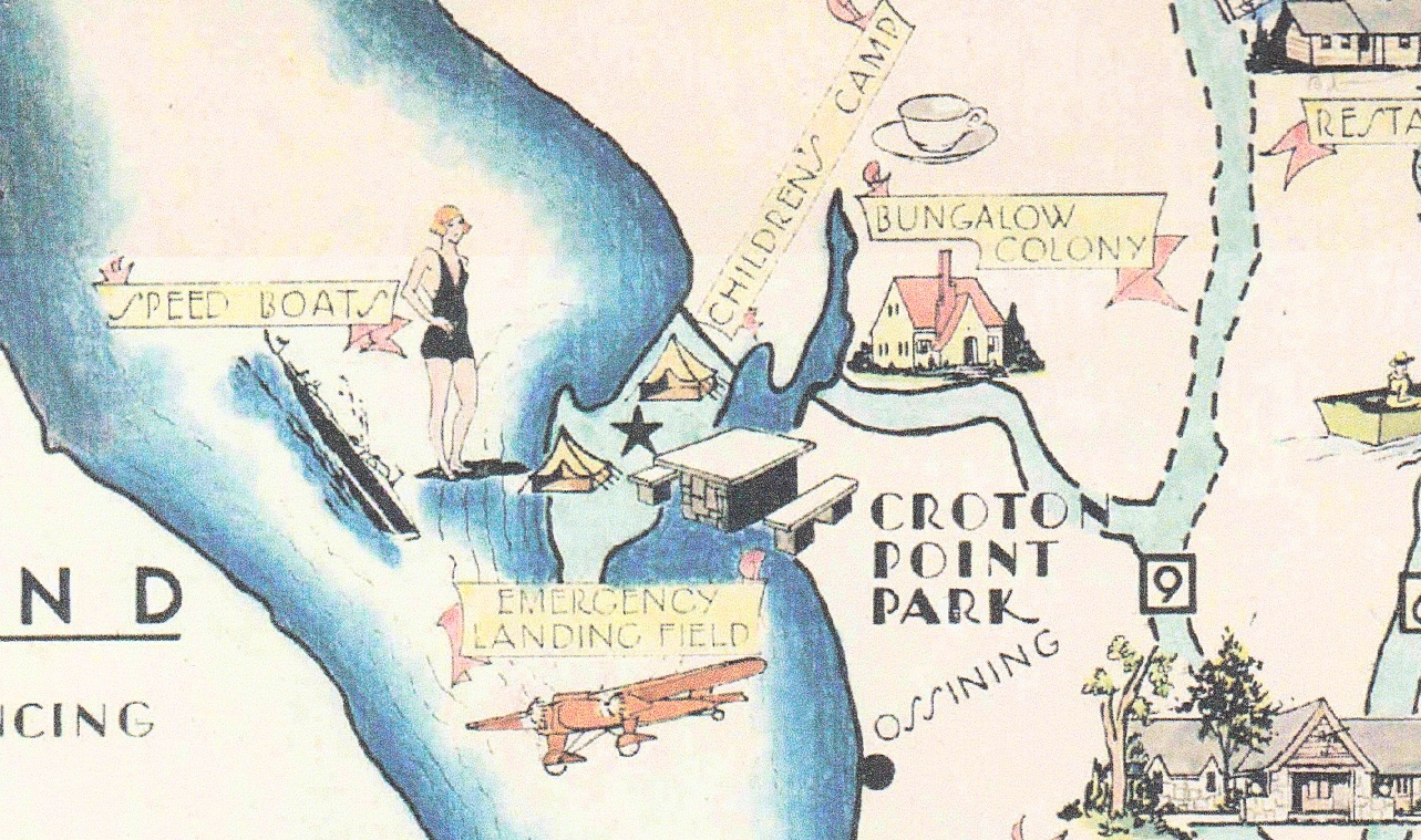This detail from a 1935 Westchester parks map, shows the attractions at Croton Point Park, which included a landing area for seaplanes.