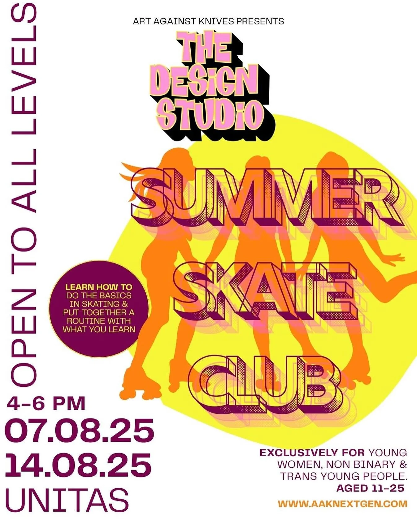SUMMER SKATE CLUB is happening at THE DESIGN STUDIO week. 

Come join us for an afternoon of skating. No skates required, we&rsquo;ve got them for you and all levels welcome! 

🗓️ Thursday 14th Aug 
⏰ 4-6pm 
📍Unitas Youth Zone 

📲 DM us for the ad