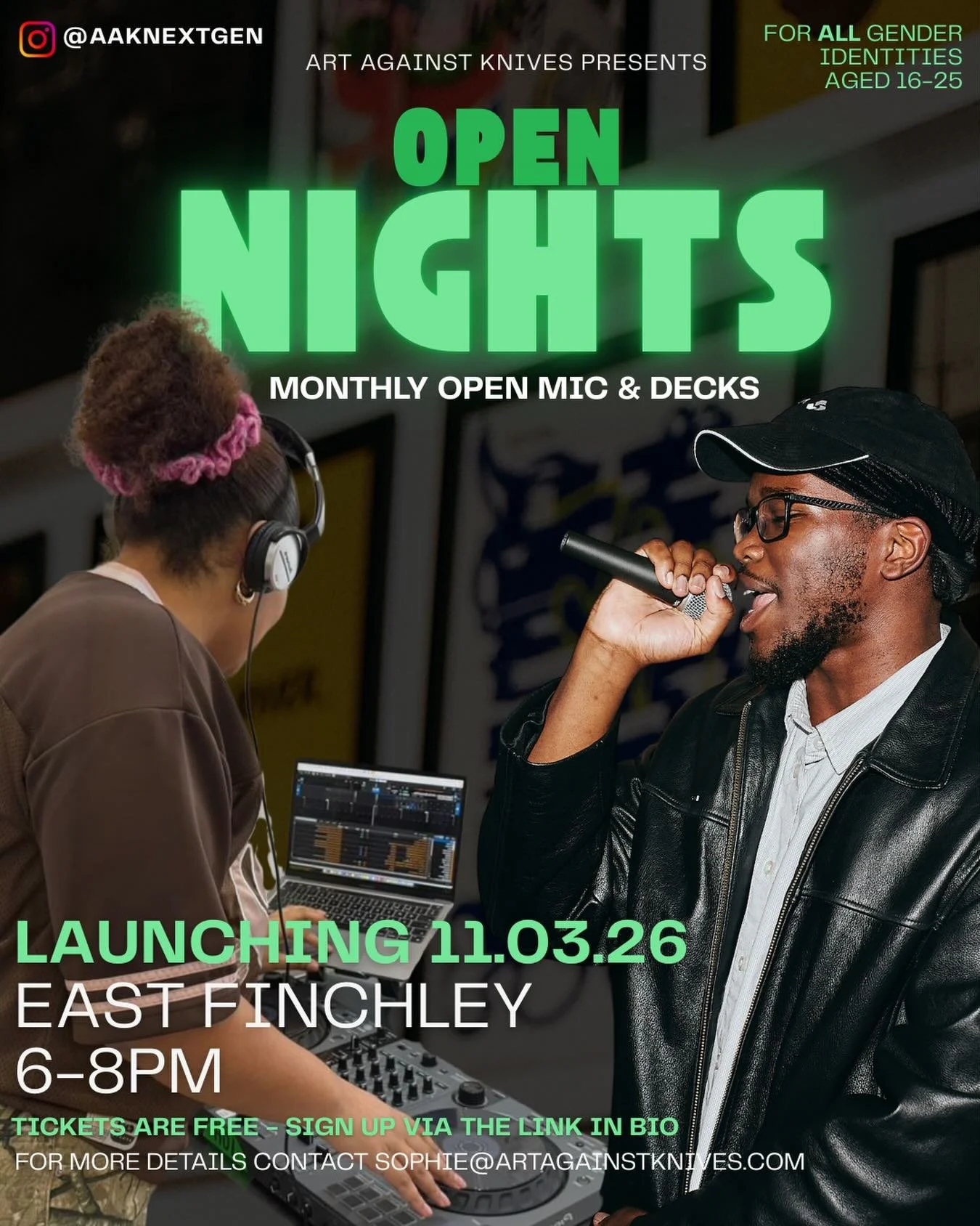 Calling all creatives aged 16&ndash;25 🎤🎧🔥

Musicians, rappers, singers, poets, DJs &mdash; or if you just love good music and good vibes &mdash; this one&rsquo;s for you! 

This event will run monthly, alternating between Open Mic Night and Open 