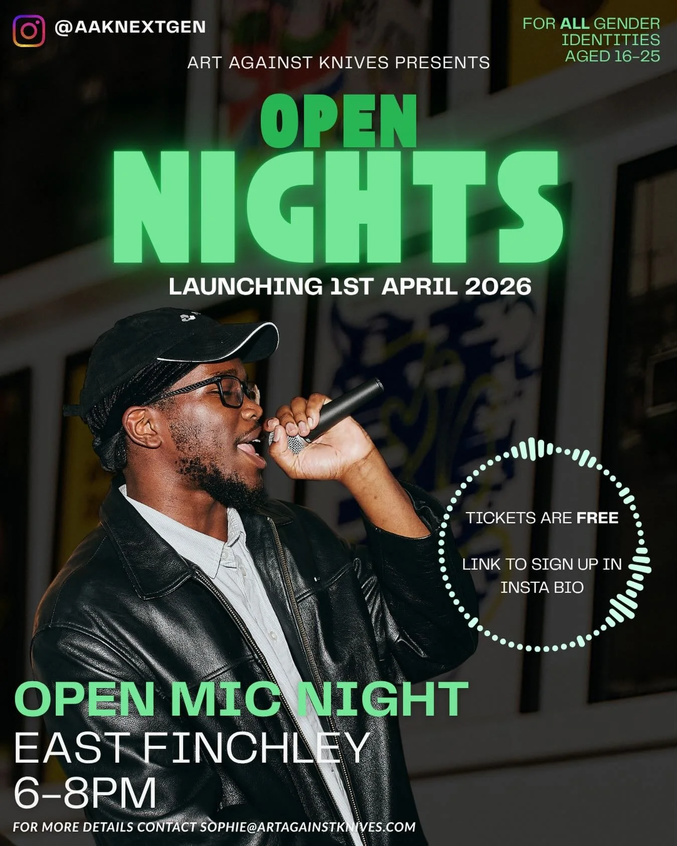 Calling all creatives aged 16-25🎤🎧🔥

Our first OPEN MIC NIGHT!🥳If you are an Artist, Poet, Musician or just someone who has something to share on the mic, grab yourself a ticket. 

If you are more of a spectator and would just like to come for th