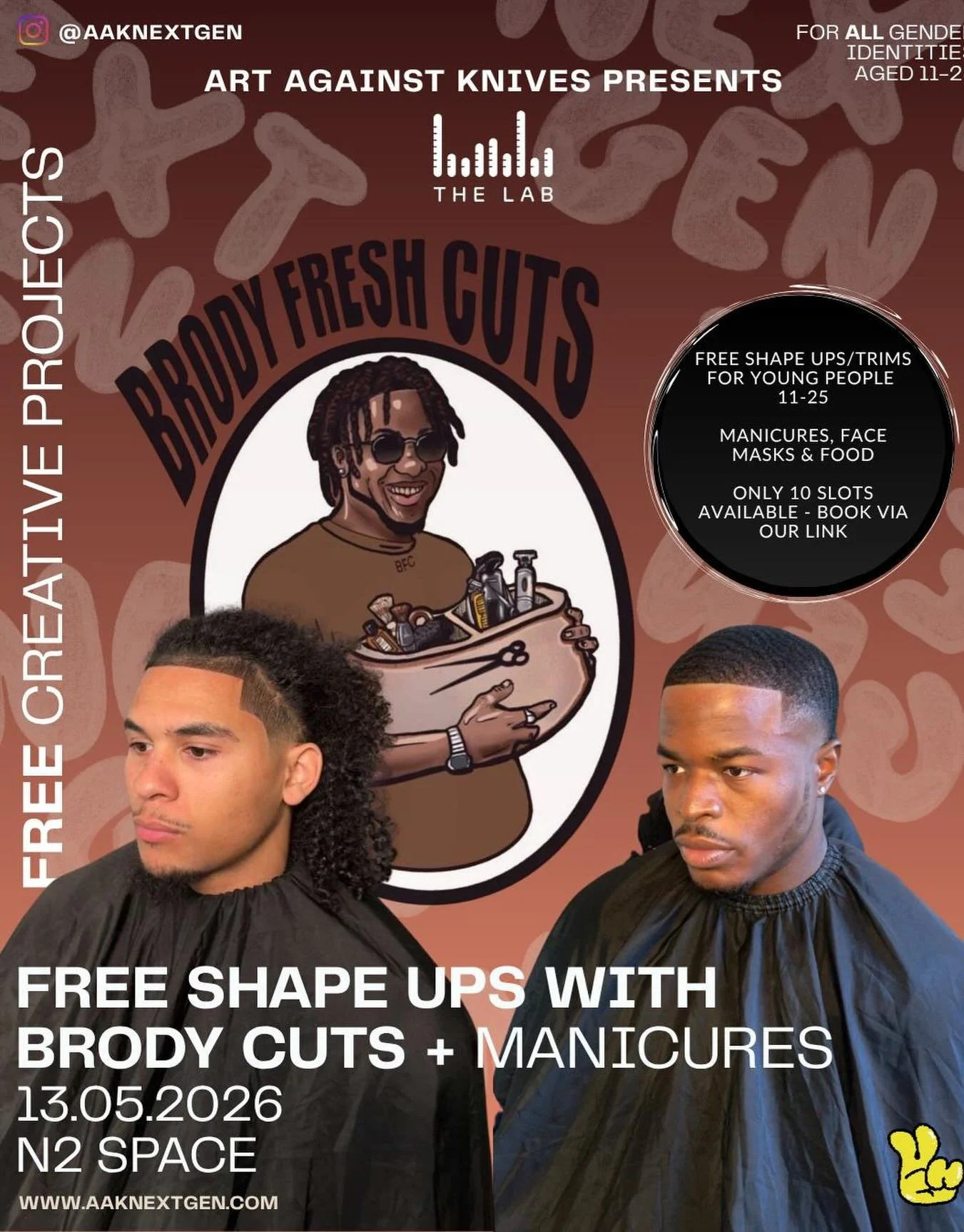 We have teamed up with @brodyfreshcuts_ to offer FREE CUTS 💈 13.05.2026 at our N2 spot this week!!! 

A self care day where we are providing young people 11-25 free shape ups, manicures and face masks.

Food &amp; Drink provided 🍫 🥪 

Link in the 