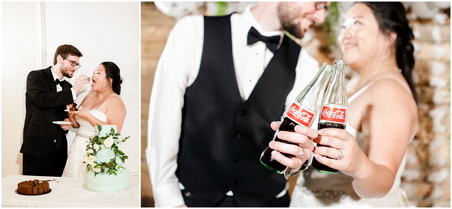 bride and groom eating cake and drinking coca cola
