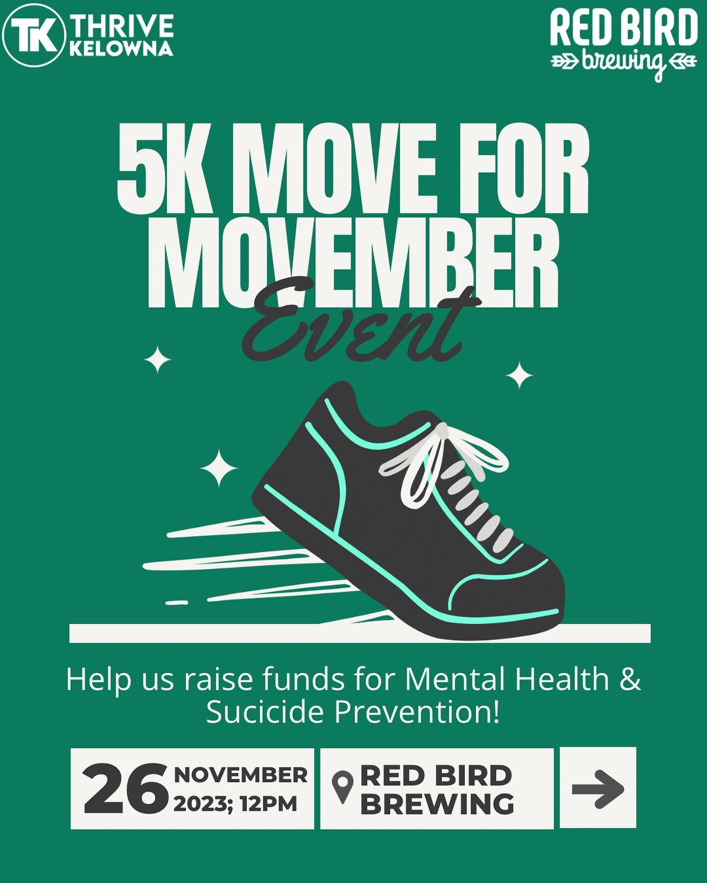 Come out to our @movember event in 2 weeks!
.
We&rsquo;ve teamed up with @redbirdbeer to raise awareness and funds for Movember.
.
We&rsquo;re going to be hosting a 5K walk or run, starting and ending at Red Bird, followed by a raffle, silent auction