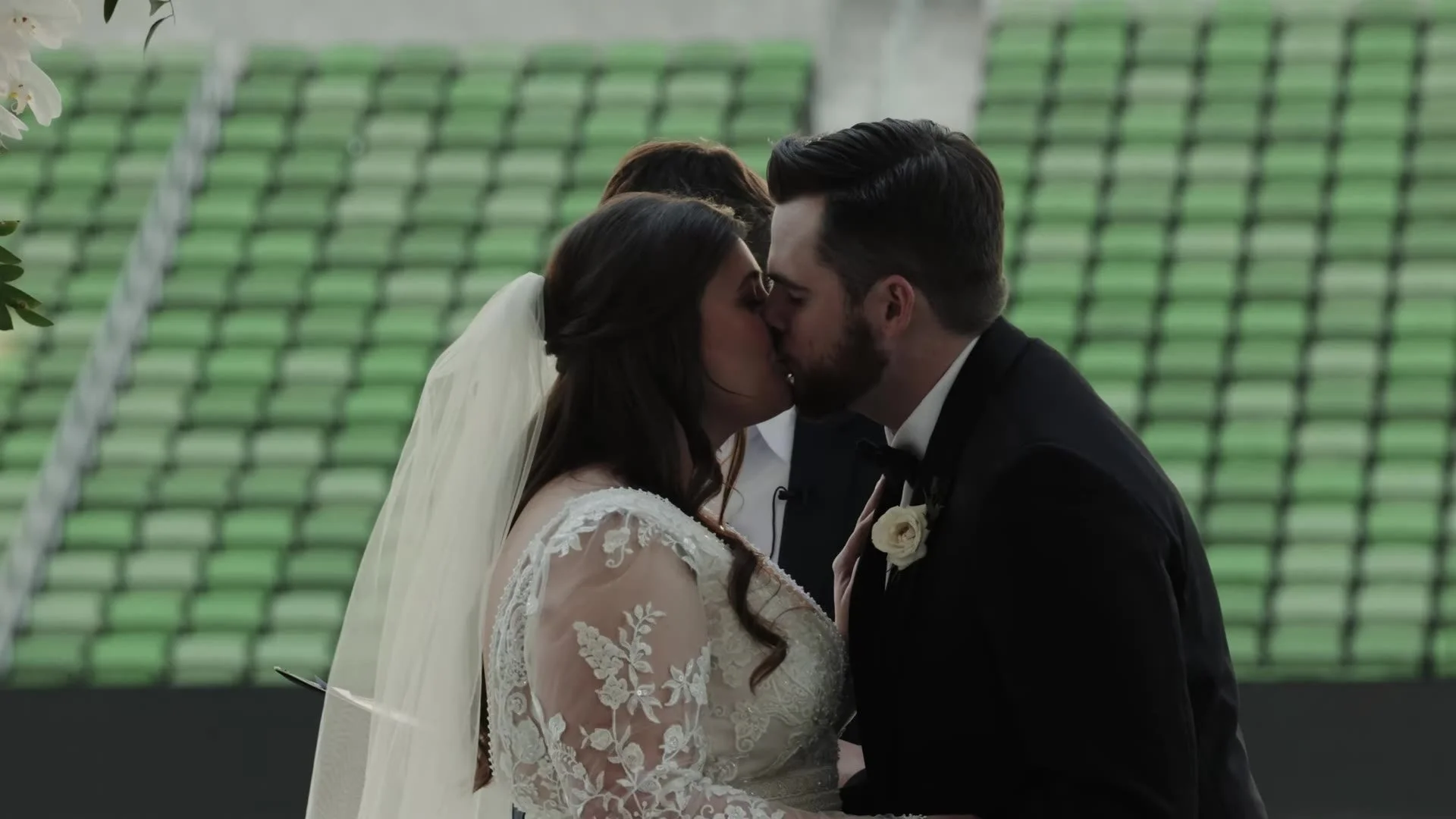 Wedding Day on the Pitch at Q2 Stadium for Gabby and Nic