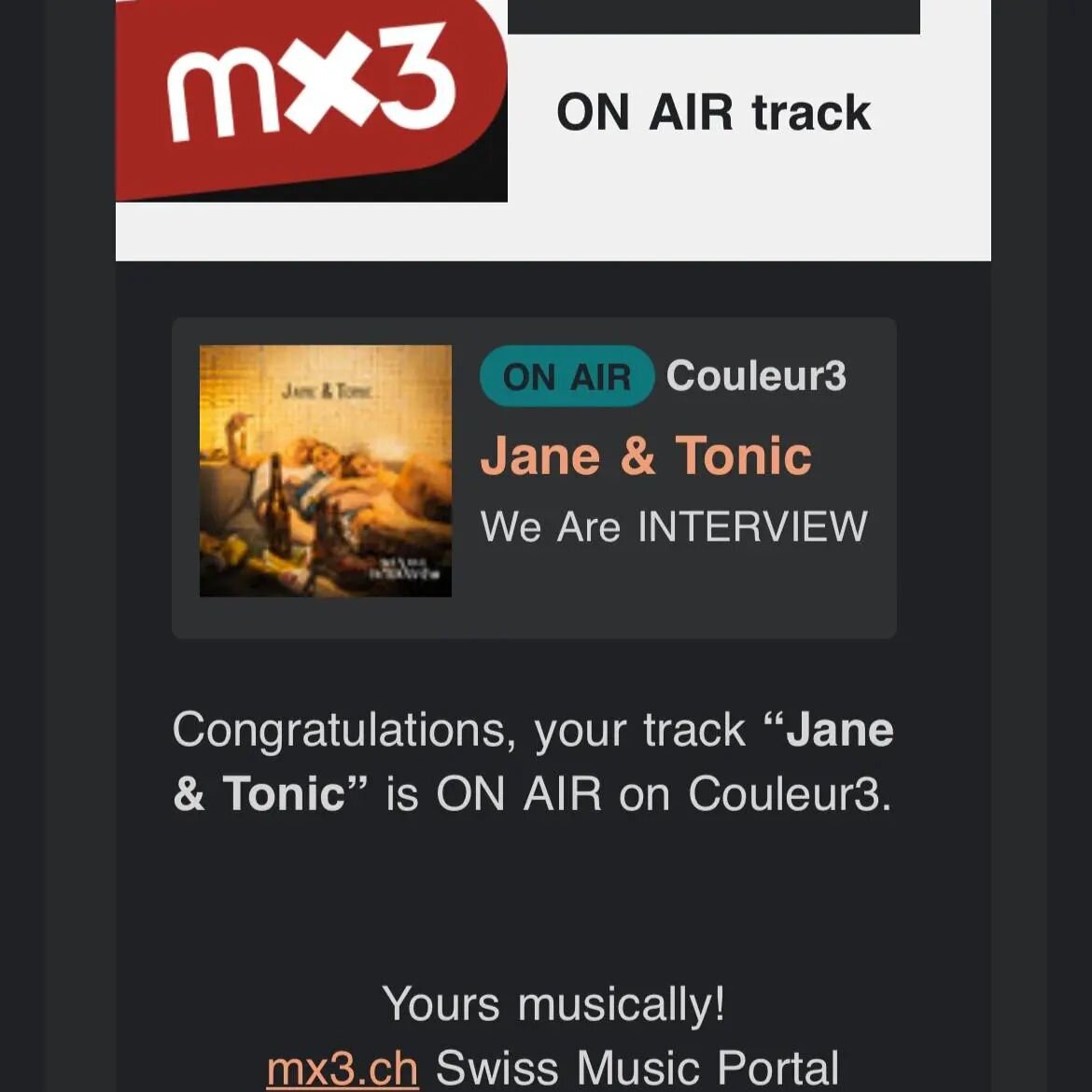 Massive thank you to @couleur3 for putting our new song &quot;Jane &amp; Tonic&quot; on their MX3 playlist! check it out! 🤘

#couleur3 #mx3 #newsingleout #janeandtonic #rock #rockmusic #band #instamusic #alternativerock #instarock #swissmusic #swiss