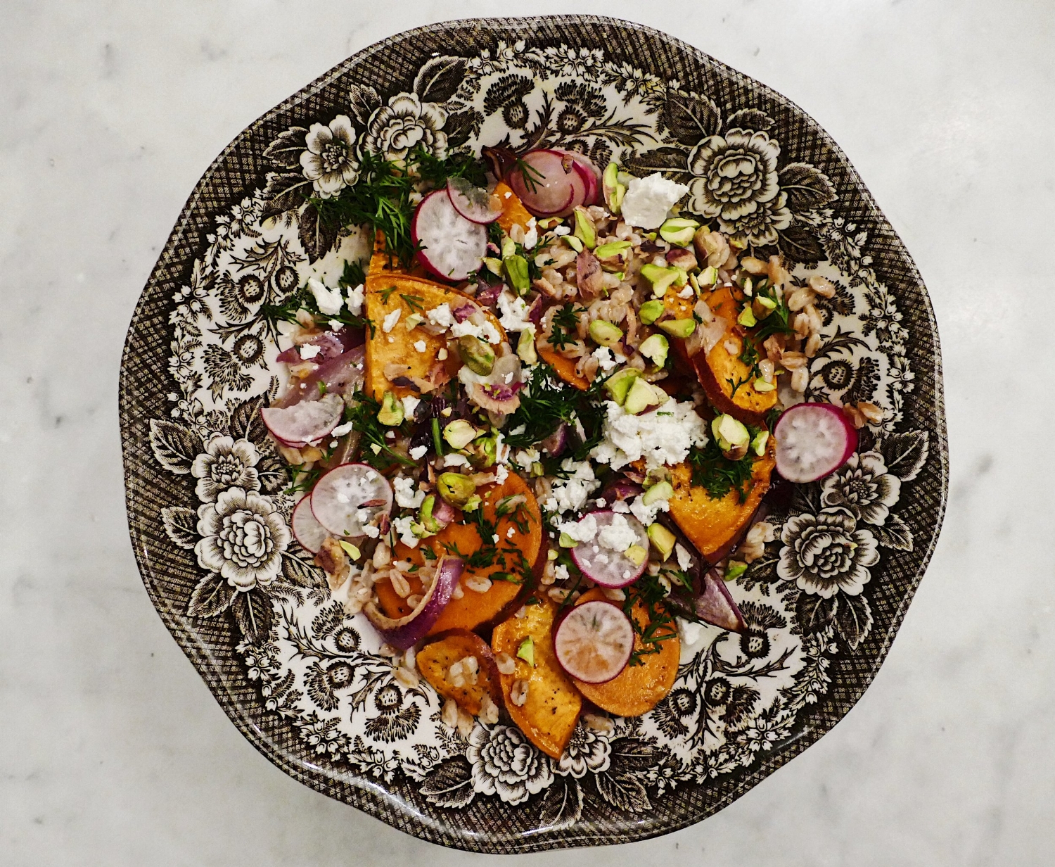 Farro Salad with Roasted Sweet Potato, Red Onion and Goat Cheese