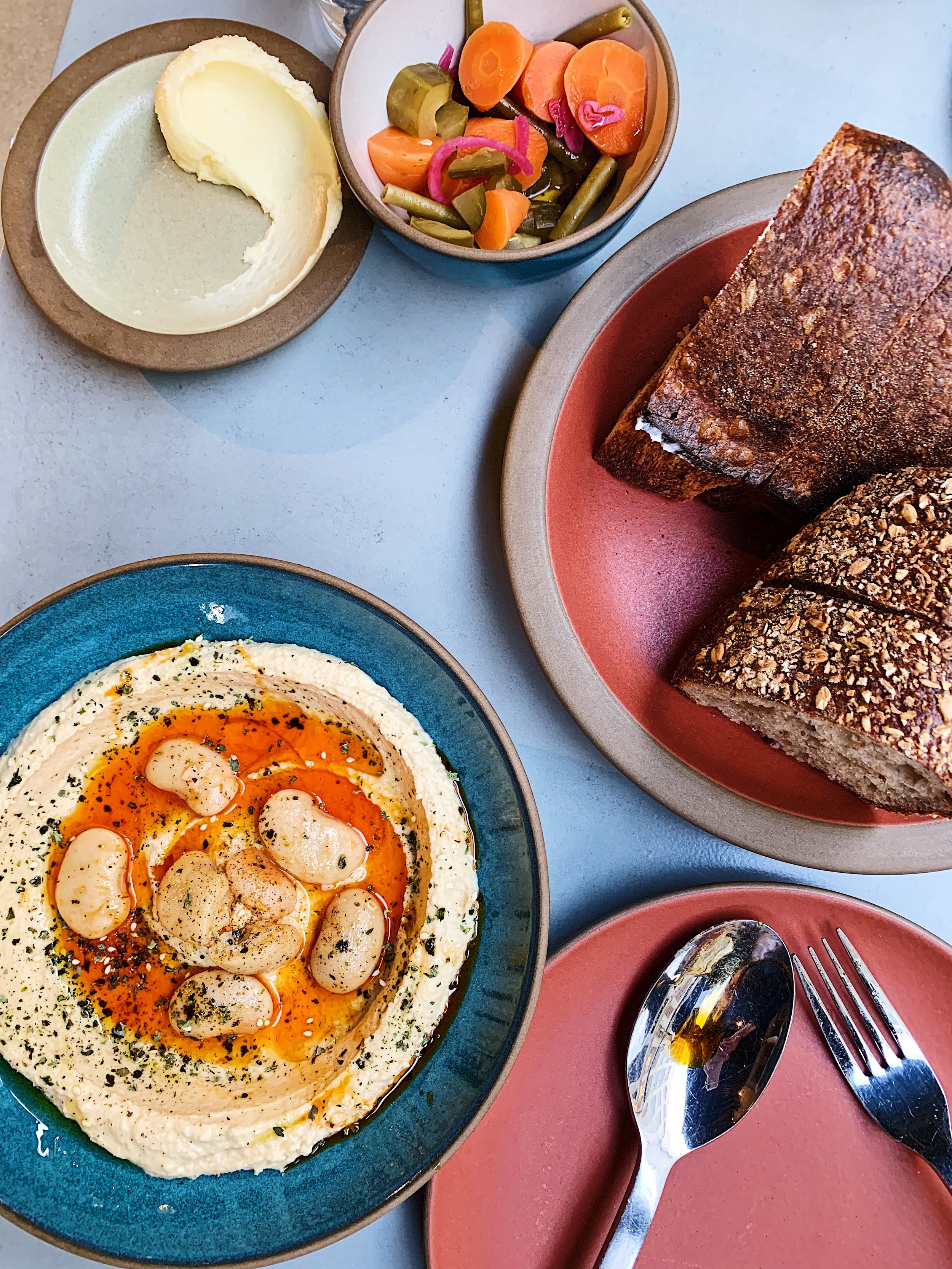 Hummus, Bread and Fermented Vegetables; Tartine, Downtown Los Angeles, CA