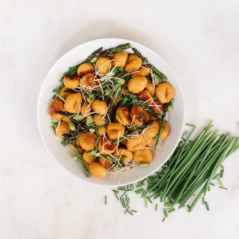 Sweet Potatoe Gnocchi with Asparagus and Edamame