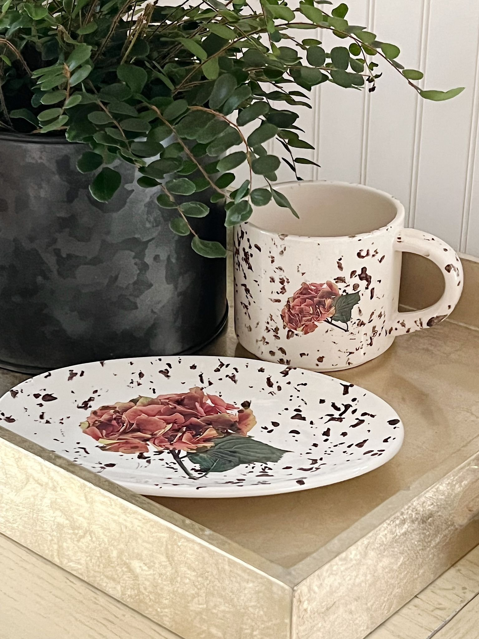 Pink Hydrangea Ceramic Small Platter &amp; Large Mug